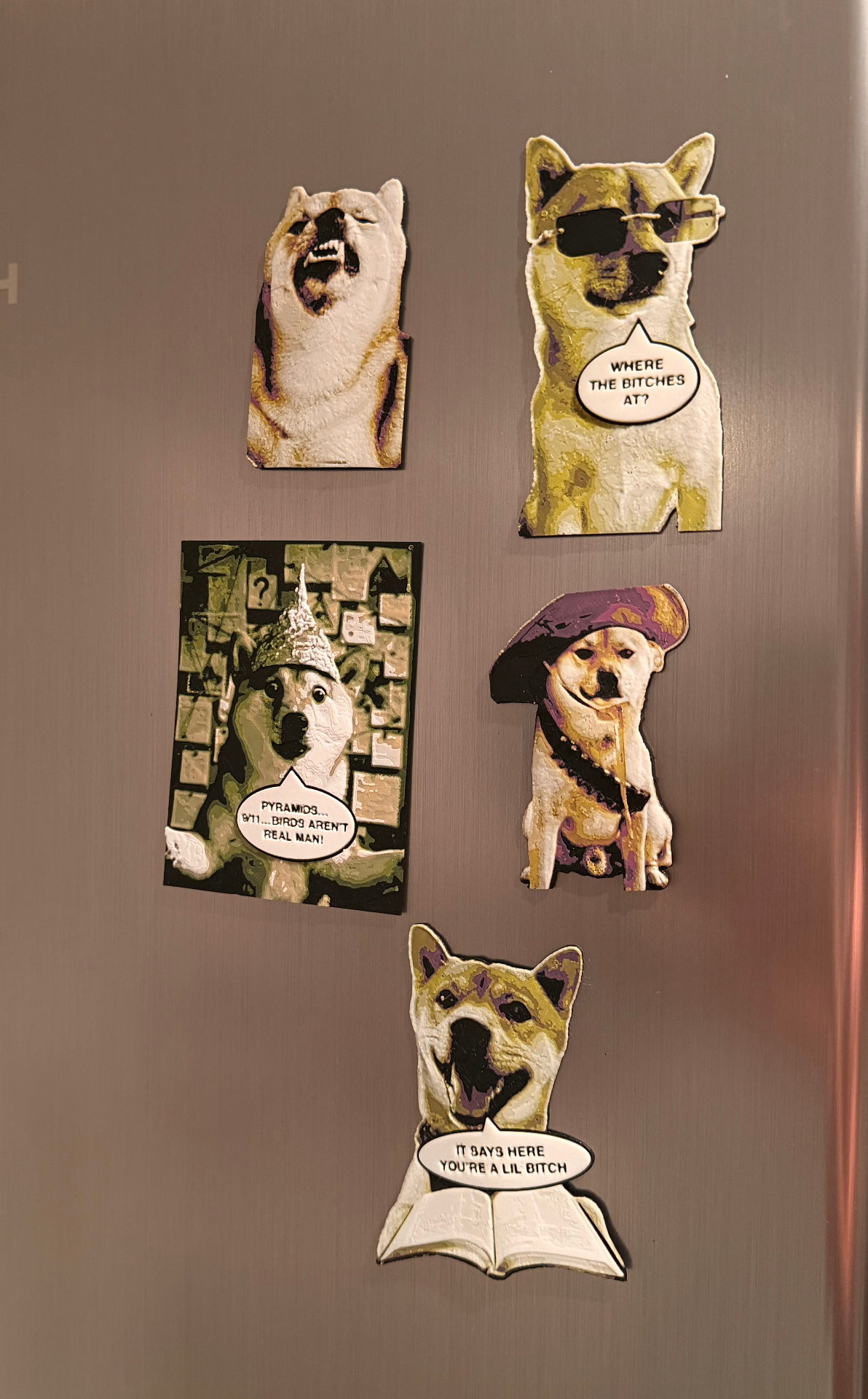 A collection of hand-crafted collectible dog magnets on a fridge